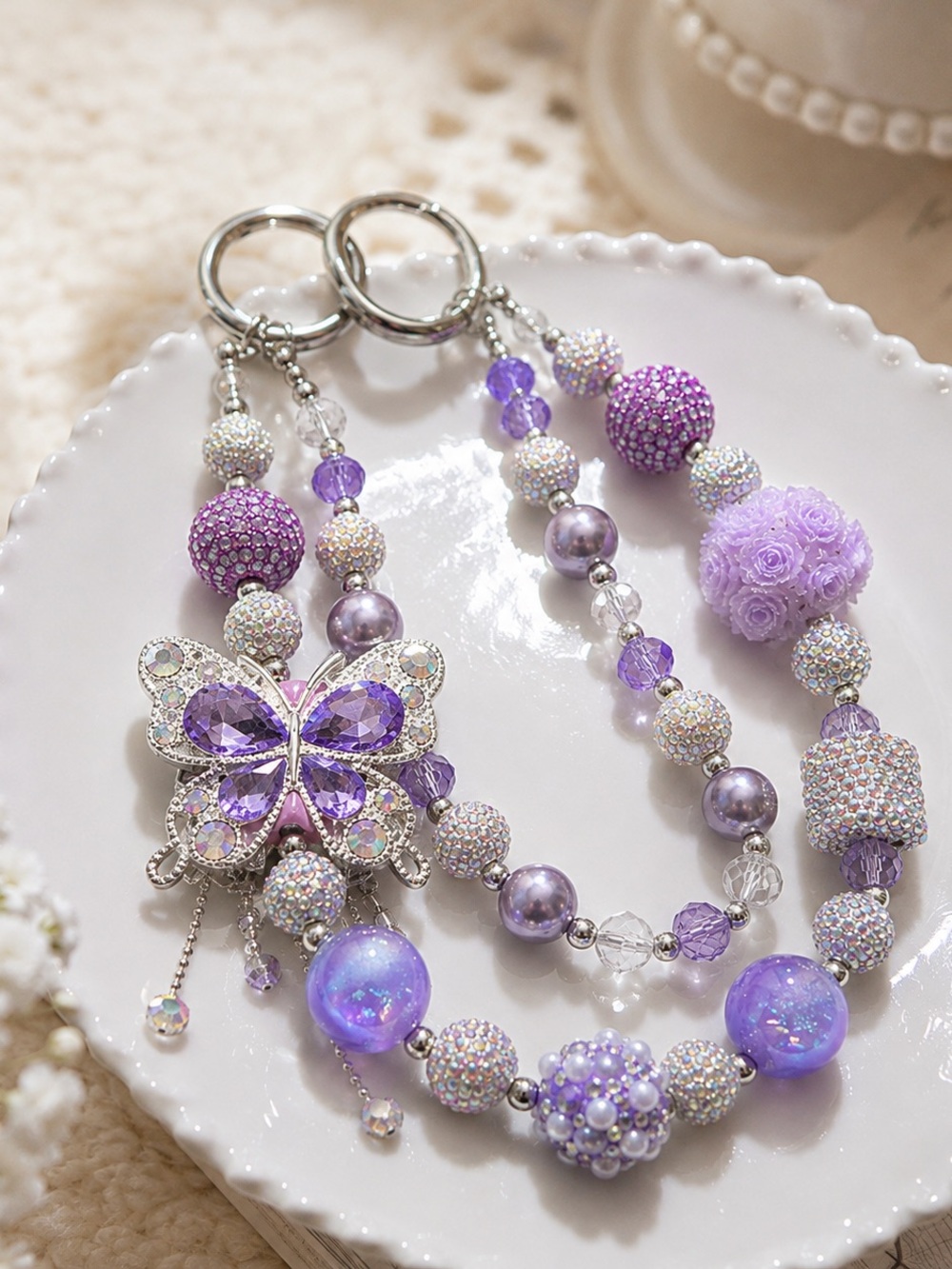 Purple Crystal Butterfly Keychain Pnone Chain Tassel - Women Jewelry